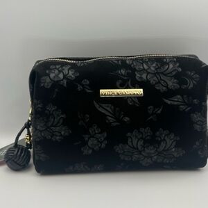 Vince Camuto Black Floral Velvet Cosmetic Case with Gold Logo